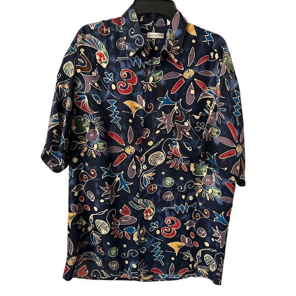 Burma Bibas Button Up Shirt Mens M Blue 100% Silk Geometric Collared Casual - Picture 1 of 9